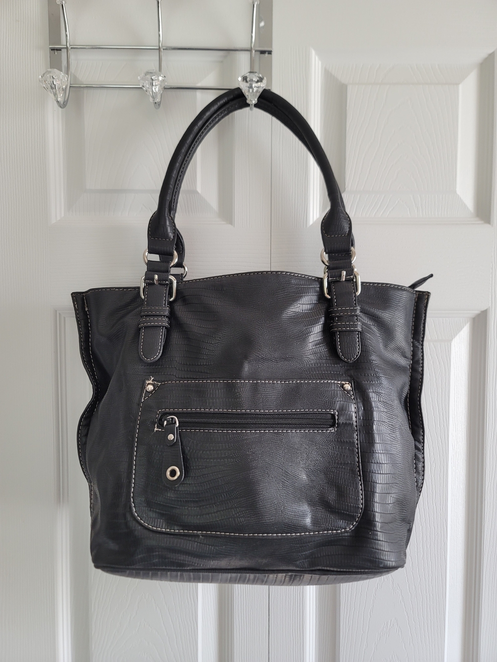 Black Textured Shoulder Tote Bag with Front Zip Pocket